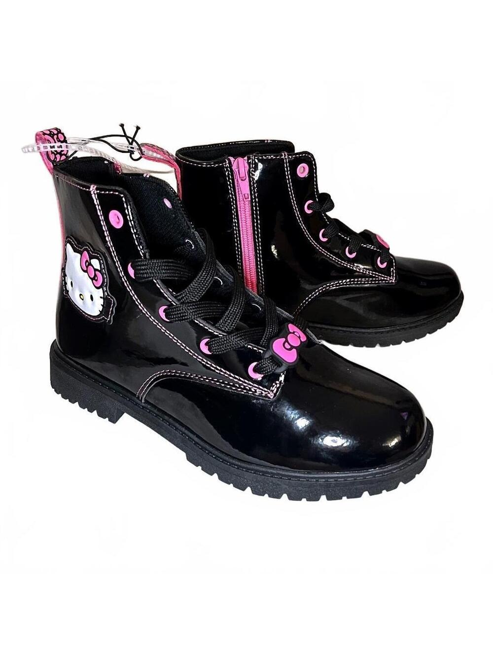 Hello Kitty Sanrio Black Patent Combat Boots Pink Accents Girls 3